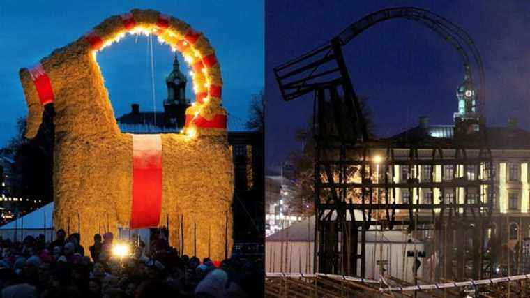 a giant Christmas goat set on fire again