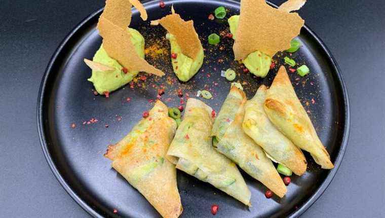 Duo of samosas, avocado cream with citrus fruits