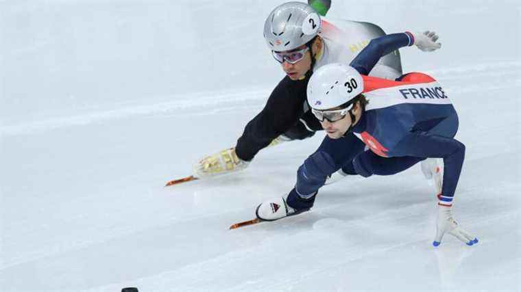 the French short-track team in pursuit of its first Olympic medal