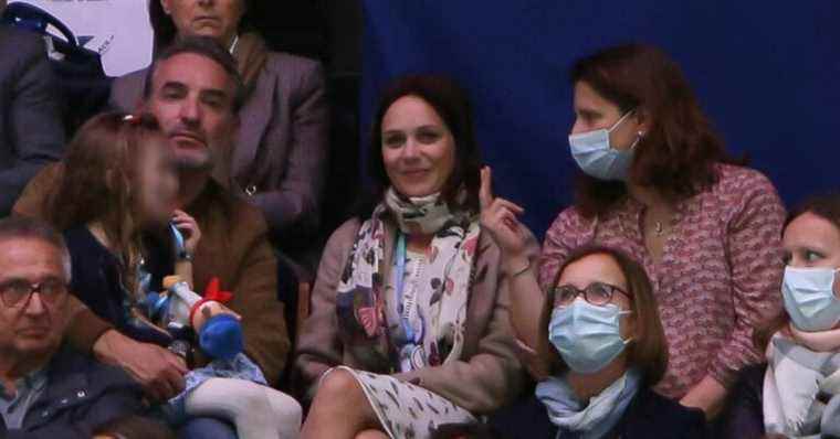 Jean Dujardin, Nathalie Péchalat and their daughter Jeanne attend the coronation of Guillaume Cizeron and Gabriella Papadakis