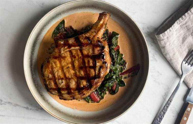 Organic Pork Chops Recipe with Swiss Chard Garnish and Creamy Mustard Sauce