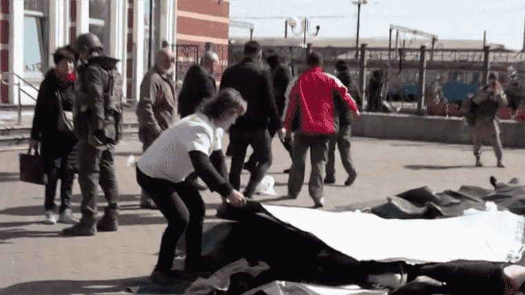 at the train station in Kramatorsk, Ukraine, the terror of civilians after the bombardment which left at least 39 dead