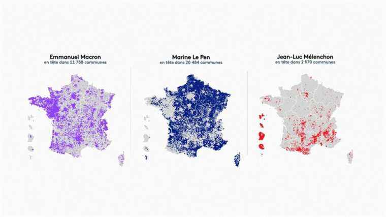 three maps to visualize the municipalities where Macron, Le Pen and Mélenchon came out on top in the first round