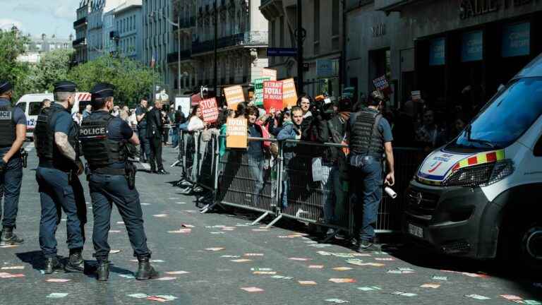 Environmental protesters try to block the general assembly of TotalEnergies, the group’s climate strategy validated