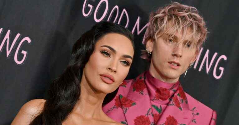 Hot Megan Fox: very generous neckline and slit dress with her fiancé Machine Gun Kelly