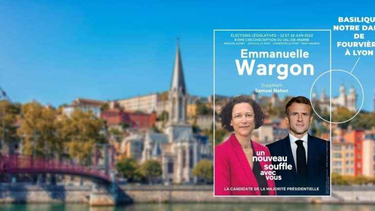 candidate in Val-de-Marne, former minister Emmanuelle Wargon poses with the city of Lyon on her poster