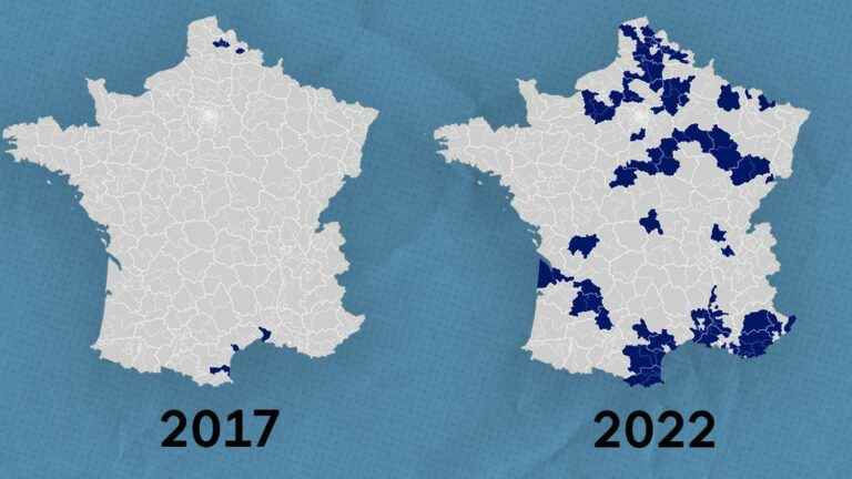 from 8 to 89 deputies, visualize the historical progression of the National Rally in maps