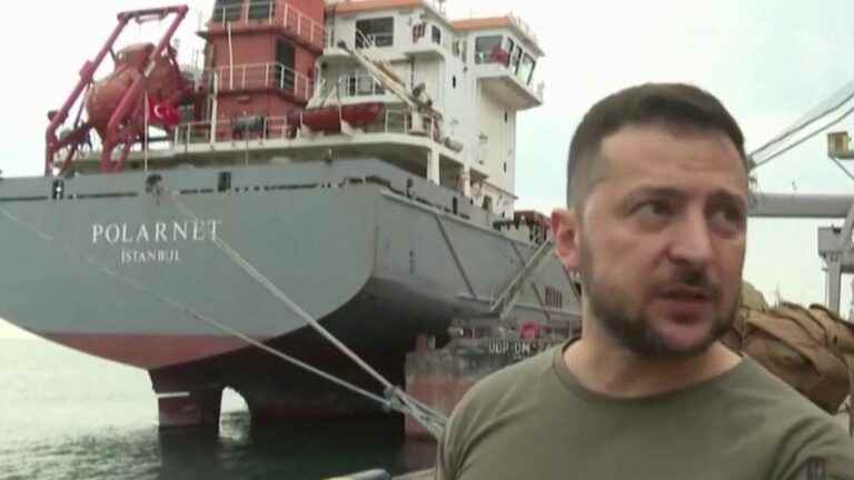 Volodymyr Zelensky oversees the loading of grain from a Turkish ship