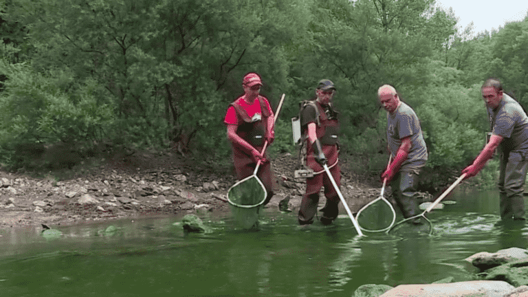 volunteers try to save the fish that are still breathing