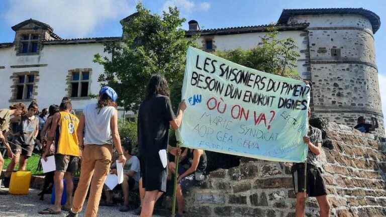 Seasonal workers who harvest peppers demonstrate in Espelette