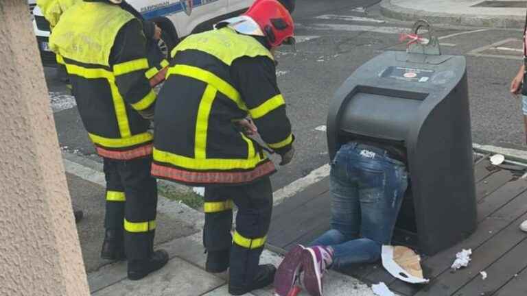 he gets stuck in a trash can, the firefighters intervene