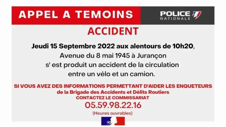 Call for witnesses after an accident between a bicycle and a truck in Jurançon