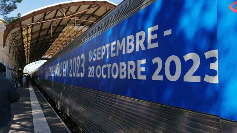 The 2023 Rugby World Cup exhibition train stops at Avignon station