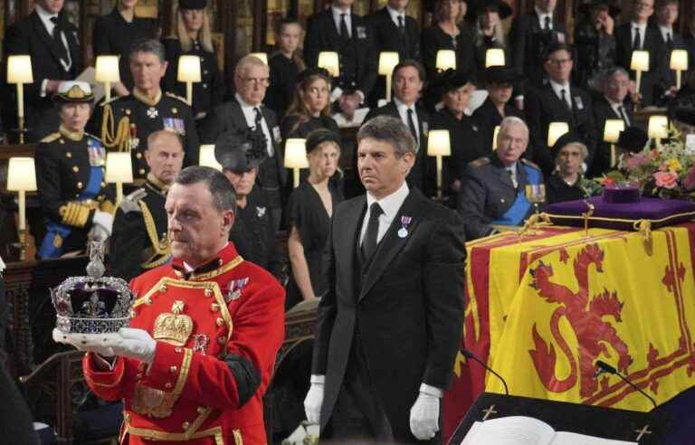 The Queen’s coffin is lowered into the Royal Vault in St George’s Chapel at Windsor Castle.