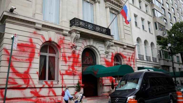 the facade of the Russian consulate in New York vandalized with red paint