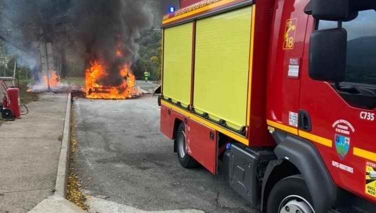 A truck on fire at the La Turbie tollbooth