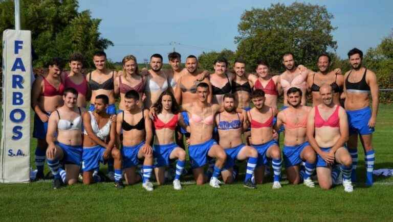 Roquefort rugby players take out their bras for Pink October