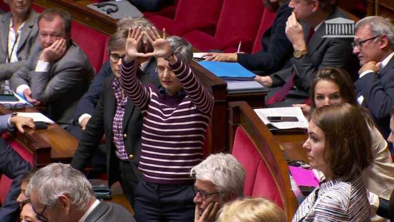 Sandrine Rousseau forms a feminist symbol with her hands during discussions at the National Assembly