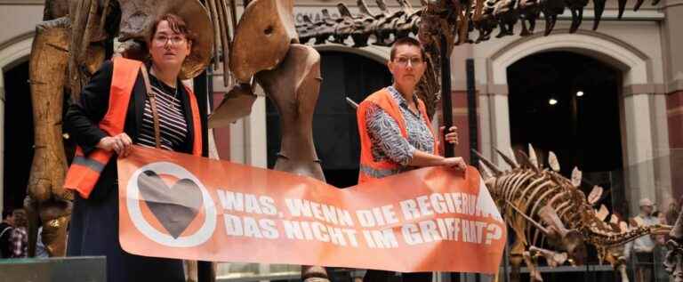 Berlin: Two environmental activists stick to a pole in a dinosaur exhibition