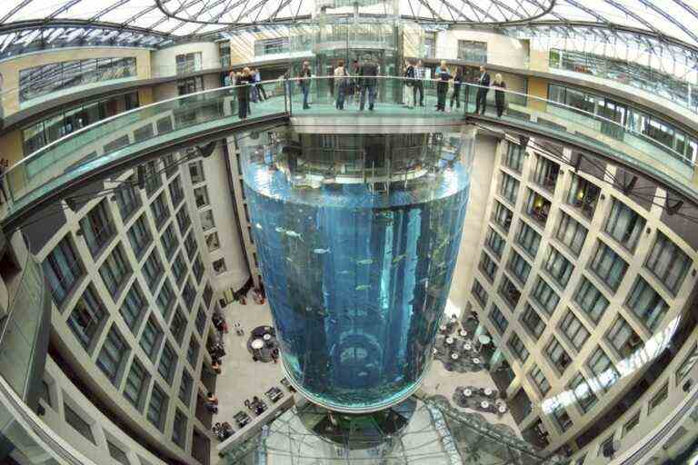 Giant aquarium erupts in Berlin hotel