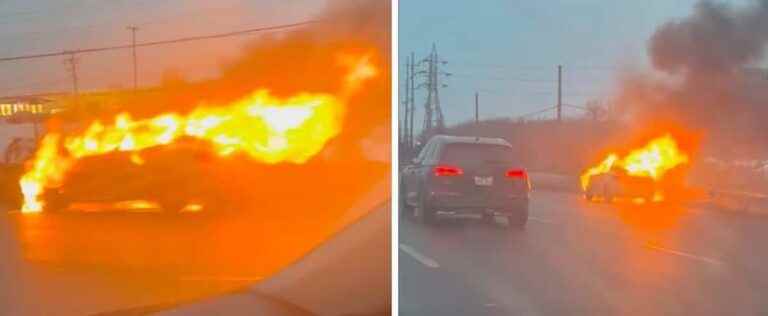 A car catches fire on the A-20 in Montreal