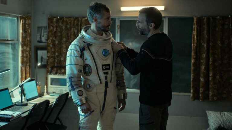 Mathieu Kassovitz and Nicolas Giraud in weightlessness in “The Astronaut”