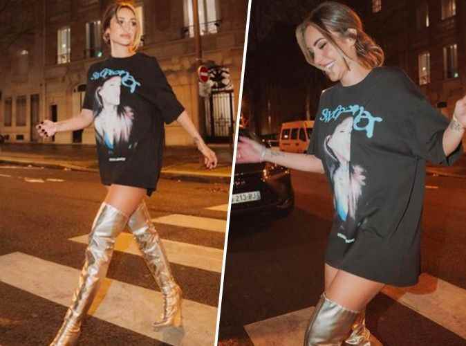 oversized t-shirt and metallic thigh-high boots… here’s how to recreate her look for less than €50