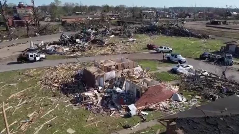 the town of Rolling Fork ravaged by a tornado in Mississippi