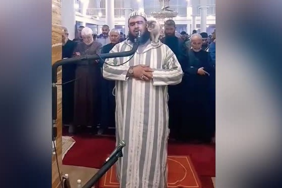 A cat climbs on an imam during Ramadan prayers