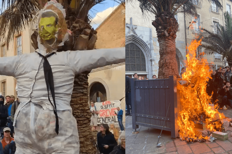 a mannequin bearing the image of Emmanuel Macron burned in Grenoble, an open investigation