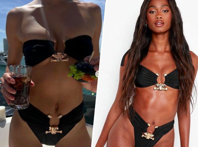 her sexy gold detail swimsuit is from Boohoo…and it’s under $20!