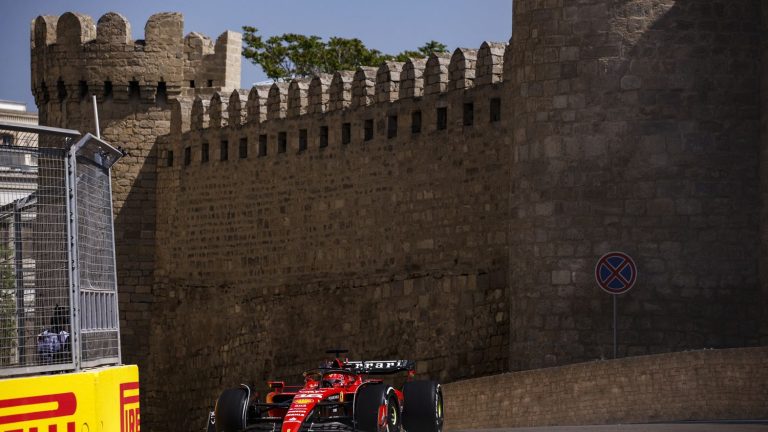 Charles Leclerc signs his first pole position of the season in Azerbaijan, ahead of Max Verstappen