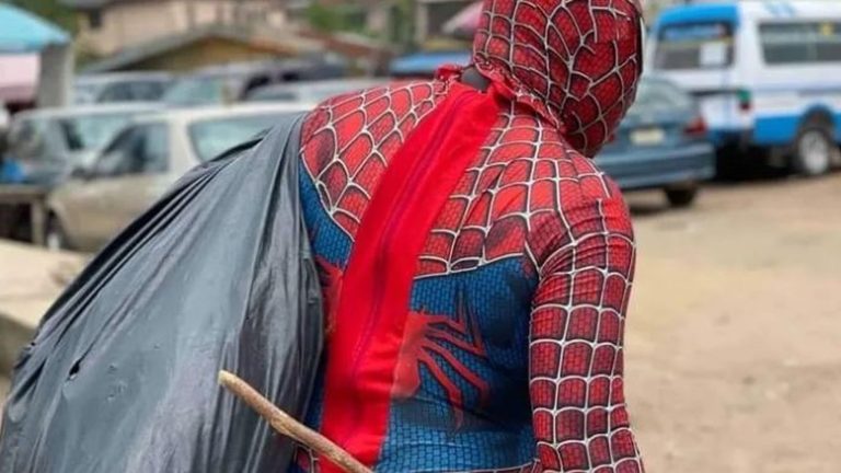 In Nigeria, environmental activist Jonathan Olanlokun turns into Spiderman to pick up litter in the streets