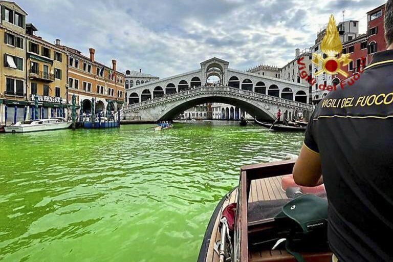 Venice |  A section of the Grand Canal turns fluorescent green