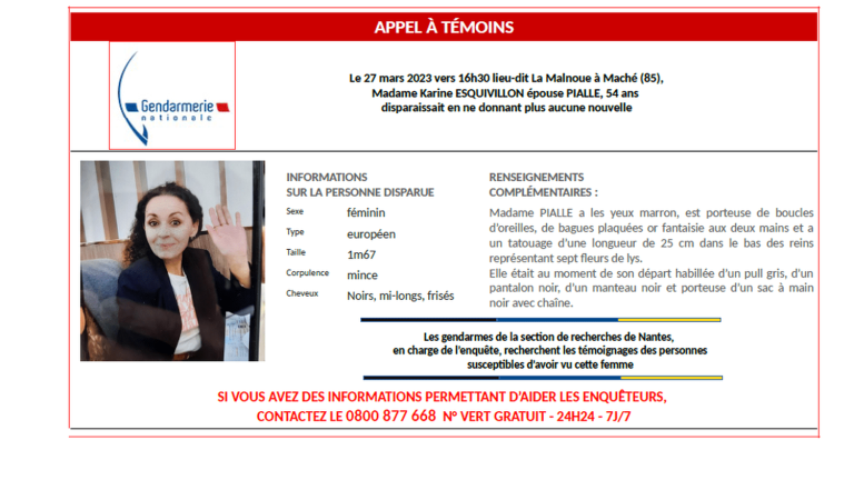 What we know about the disappearance in Vendée of Karine Esquivillon, a 54-year-old woman who has not been heard from since the end of March