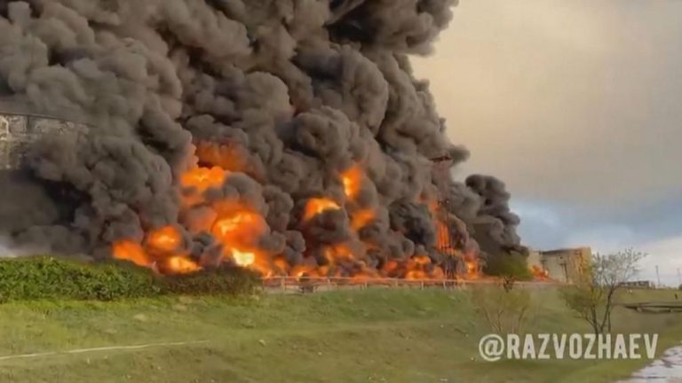 a burning Russian fuel depot near Crimea