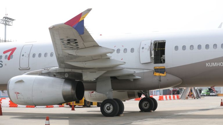 a passenger opens an emergency exit of an airplane in the middle of the landing phase