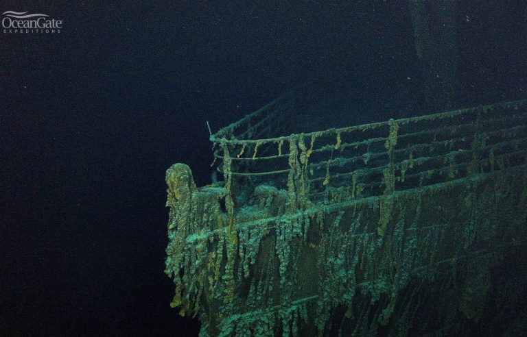 A tourist submarine visiting the wreck of the missing Titanic