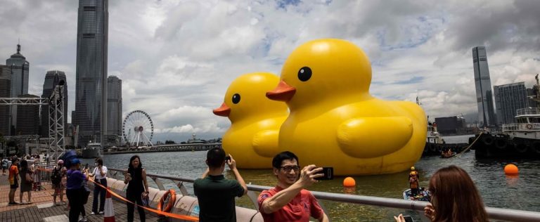 Two giant ducks in Hong Kong bay