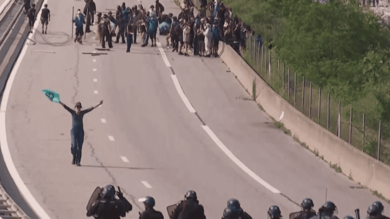 a tense demonstration against the railway line