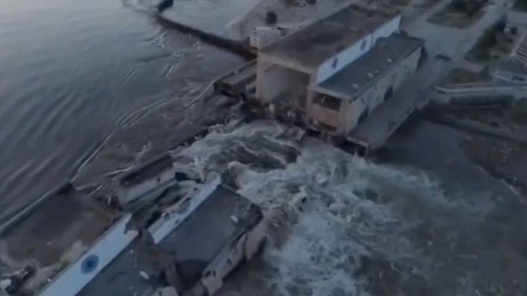 the Nova Kakhovka dam, near Kherson, partially destroyed