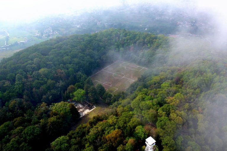 A soccer field unique in the world on the crater of a volcano