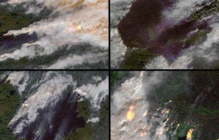 Forest fires near the La Grande dam seen from the sky in June 2023