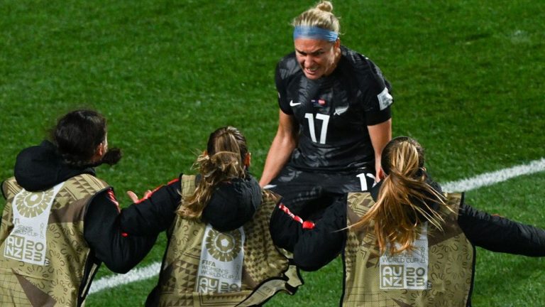 New Zealand’s Hannah Wilkinson scores the first goal of the tournament against Norway