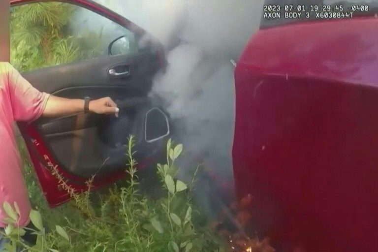 Police officer saves woman trapped in burning car