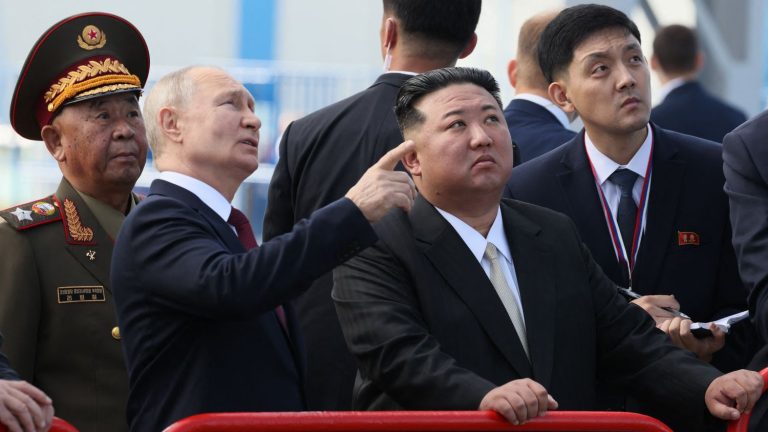 Vladimir Putin says he is “very happy” to meet with Kim Jong-un at the Vostochny cosmodrome in eastern Russia