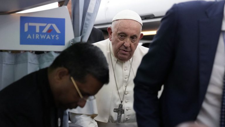 “With life, we don’t play,” Pope Francis repeats on the plane taking him back to Rome