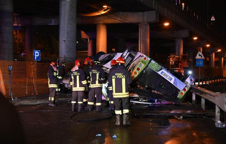 Bus falls off bridge and catches fire in Venice