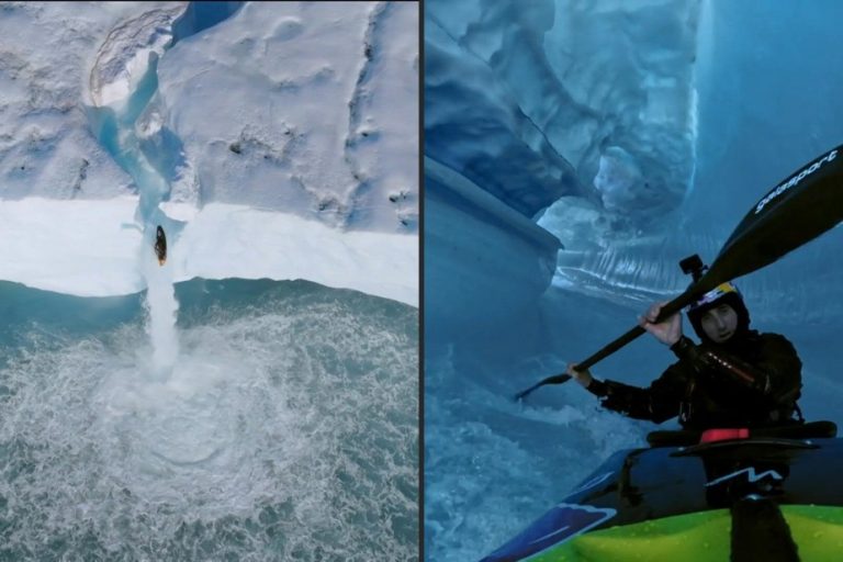 Arctic island of Svalbard |  A kayaker descends a 20m waterfall on a glacier