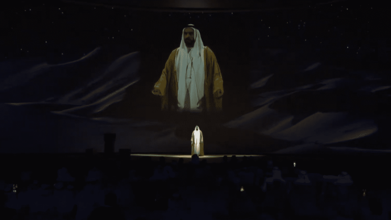 the founding father of the United Arab Emirates, who died in 2004, appears on stage in hologram